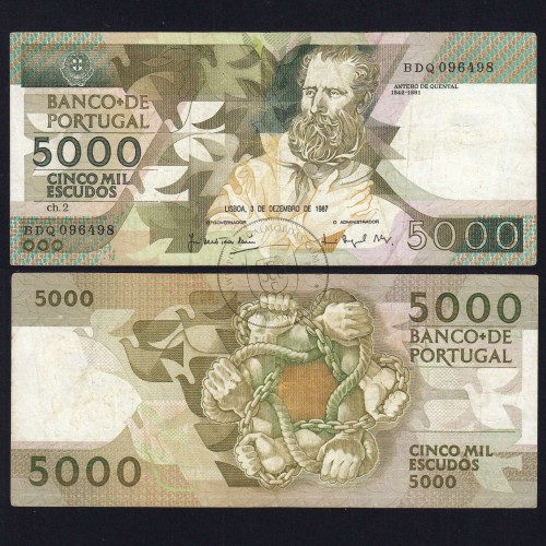 5000 Escudos 1987 Antero de Quental, 3 de Dezembro 1987 Chapa 2, Banco de Portugal, World Paper Money Pick 183 (Circulada)