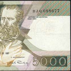 5000 Escudos 1987 Antero de Quental, 3 de Dezembro 1987 Chapa 2, Banco de Portugal, World Paper Money Pick 183 (Circulada)