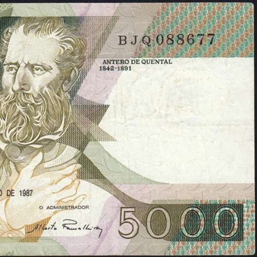 5000 Escudos 1987 Antero de Quental, 3 December 1987 Plate 2, Bank of Portugal, World Paper Money Pick 183 (Circulated)