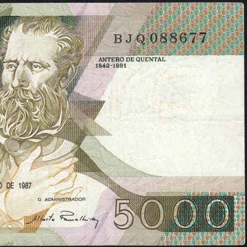 5000 Escudos 1987 Antero de Quental, 3 de Dezembro 1987 Chapa 2, Banco de Portugal, World Paper Money Pick 183 (Circulada)
