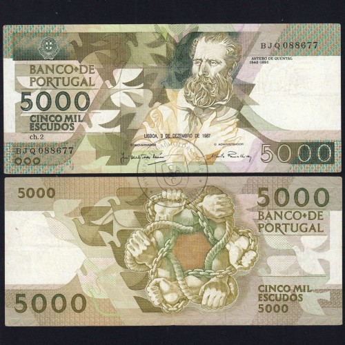 5000 Escudos 1987 Antero de Quental, 3 December 1987 Plate 2, Bank of Portugal, World Paper Money Pick 183 (Circulated)