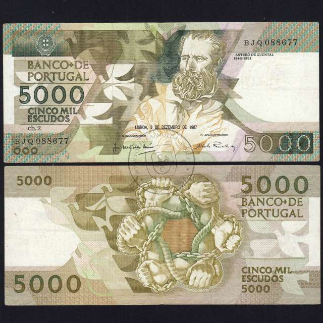 5000 Escudos 1987 Antero de Quental, 3 December 1987 Plate 2, Bank of Portugal, World Paper Money Pick 183 (Circulated)