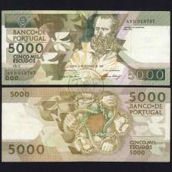 5000 Escudos 1987 Antero de Quental, 3 de Dezembro 1987 Chapa 2, Banco de Portugal, World Paper Money Pick 183 (Circulada)