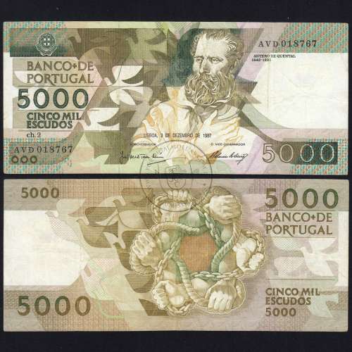 5000 Escudos 1987 Antero de Quental, 3 December 1987 Plate 2, Bank of Portugal, World Paper Money Pick 183 (Circulated)