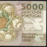 5000 Escudos 1987 Antero de Quental, 3 de Dezembro 1987 Chapa 2, Banco de Portugal, World Paper Money Pick 183 (Circulada)