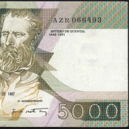 5000 Escudos 1987 Antero de Quental, 3 de Dezembro 1987 Chapa 2, Banco de Portugal, World Paper Money Pick 183 (Circulada)