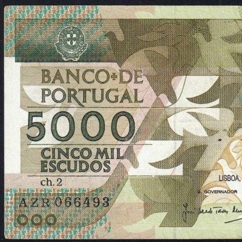 5000 Escudos 1987 Antero de Quental, 3 de Dezembro 1987 Chapa 2, Banco de Portugal, World Paper Money Pick 183 (Circulada)