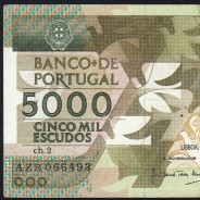 5000 Escudos 1987 Antero de Quental, 3 December 1987 Plate 2, Bank of Portugal, World Paper Money Pick 183 (Circulated)