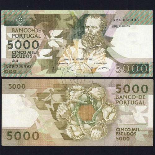 5000 Escudos 1987 Antero de Quental, 3 de Dezembro 1987 Chapa 2, Banco de Portugal, World Paper Money Pick 183 (Circulada)
