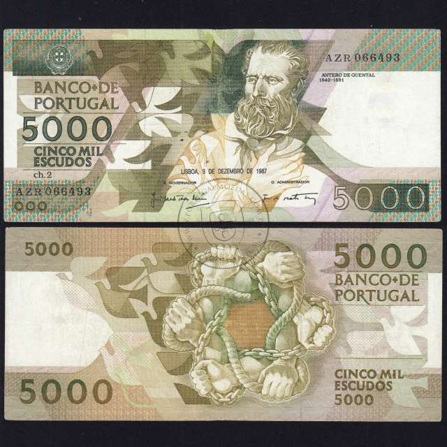 5000 Escudos 1987 Antero de Quental, 3 de Dezembro 1987 Chapa 2, Banco de Portugal, World Paper Money Pick 183 (Circulada)