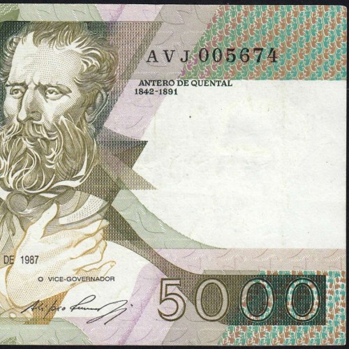 5000 Escudos 1987 Antero de Quental, 3 December 1987 Plate 2, Bank of Portugal, World Paper Money Pick 183 (Circulated)