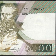 5000 Escudos 1987 Antero de Quental, 3 de Dezembro 1987 Chapa 2, Banco de Portugal, World Paper Money Pick 183 (Circulada)