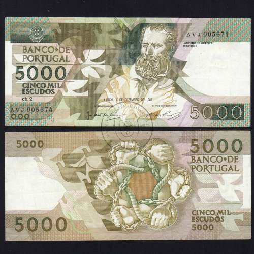 5000 Escudos 1987 Antero de Quental, 3 December 1987 Plate 2, Bank of Portugal, World Paper Money Pick 183 (Circulated)