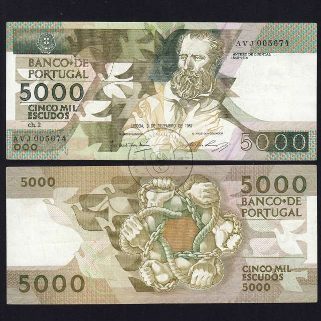 5000 Escudos 1987 Antero de Quental, 3 de Dezembro 1987 Chapa 2, Banco de Portugal, World Paper Money Pick 183 (Circulada)