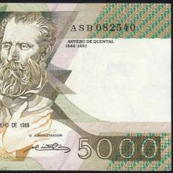 5000 Escudos 1989 Antero de Quental, 6 July 1989 Plate 2A, Bank of Portugal, World Paper Money Pick 184 (Circulated)