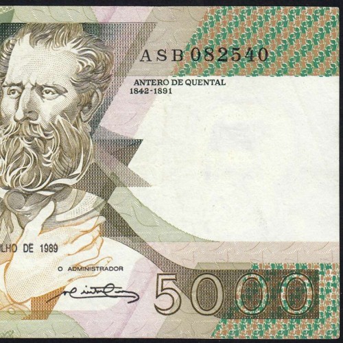 5000 Escudos 1989 Antero de Quental, 6 July 1989 Plate 2A, Bank of Portugal, World Paper Money Pick 184 (Circulated)