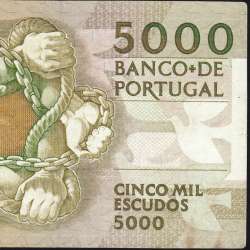5000 Escudos 1989 Antero de Quental, 6 July 1989 Plate 2A, Bank of Portugal, World Paper Money Pick 184 (Circulated)