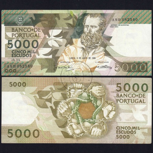 5000 Escudos 1989 Antero de Quental, 6 July 1989 Plate 2A, Bank of Portugal, World Paper Money Pick 184 (Circulated)