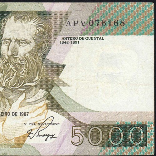 5000 Escudos 1987 Antero de Quental, 12 Fevereiro 1987 Chapa 2, Banco de Portugal, World Paper Money Pick 183 (Circulada)