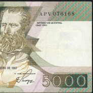5000 Escudos 1987 Antero de Quental, 12 February 1987 Plate 2, Bank of Portugal, World Paper Money Pick 183 (Circulated)