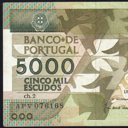 5000 Escudos 1987 Antero de Quental, 12 Fevereiro 1987 Chapa 2, Banco de Portugal, World Paper Money Pick 183 (Circulada)