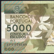 5000 Escudos 1987 Antero de Quental, 12 Fevereiro 1987 Chapa 2, Banco de Portugal, World Paper Money Pick 183 (Circulada)