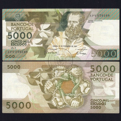 5000 Escudos 1987 Antero de Quental, 12 Fevereiro 1987 Chapa 2, Banco de Portugal, World Paper Money Pick 183 (Circulada)