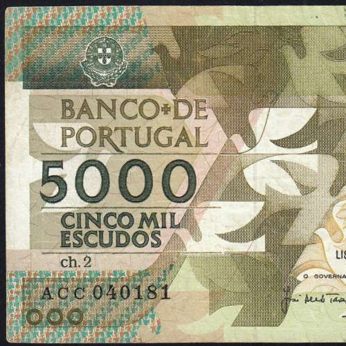 5000 Escudos 1987 Antero de Quental, 12 Fevereiro 1987 Chapa 2, Banco de Portugal, World Paper Money Pick 183 (Circulada)
