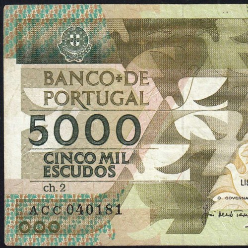 5000 Escudos 1987 Antero de Quental, 12 Fevereiro 1987 Chapa 2, Banco de Portugal, World Paper Money Pick 183 (Circulada)
