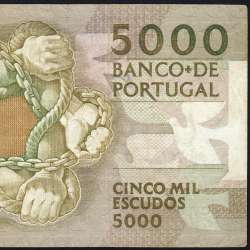 5000 Escudos 1987 Antero de Quental, 12 Fevereiro 1987 Chapa 2, Banco de Portugal, World Paper Money Pick 183 (Circulada)