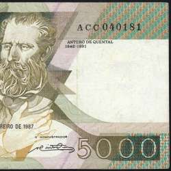 5000 Escudos 1987 Antero de Quental, 12 Fevereiro 1987 Chapa 2, Banco de Portugal, World Paper Money Pick 183 (Circulada)