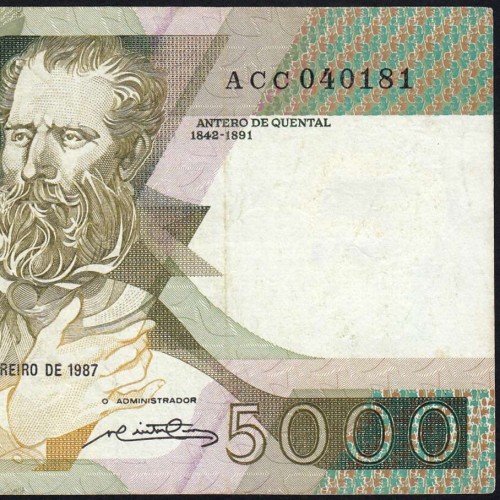 5000 Escudos 1987 Antero de Quental, 12 February 1987 Plate 2, Bank of Portugal, World Paper Money Pick 183 (Circulated)