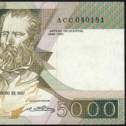 5000 Escudos 1987 Antero de Quental, 12 February 1987 Plate 2, Bank of Portugal, World Paper Money Pick 183 (Circulated)
