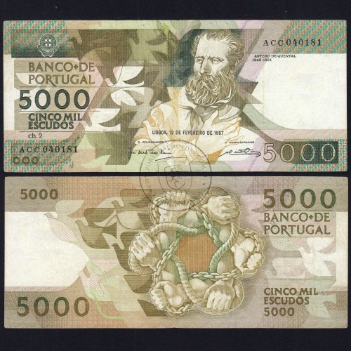 5000 Escudos 1987 Antero de Quental, 12 February 1987 Plate 2, Bank of Portugal, World Paper Money Pick 183 (Circulated)