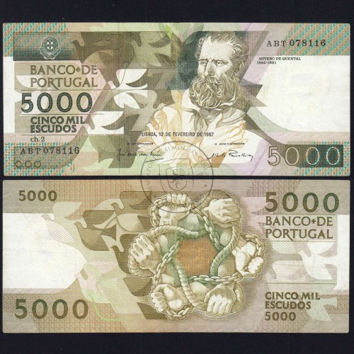5000 Escudos 1987 Antero de Quental, 12 Fevereiro 1987 Chapa 2, Banco de Portugal, World Paper Money Pick 183 (Circulada)