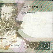 5000 Escudos 1987 Antero de Quental, 12 Fevereiro 1987 Chapa 2, Banco de Portugal, World Paper Money Pick 183 (Circulada)