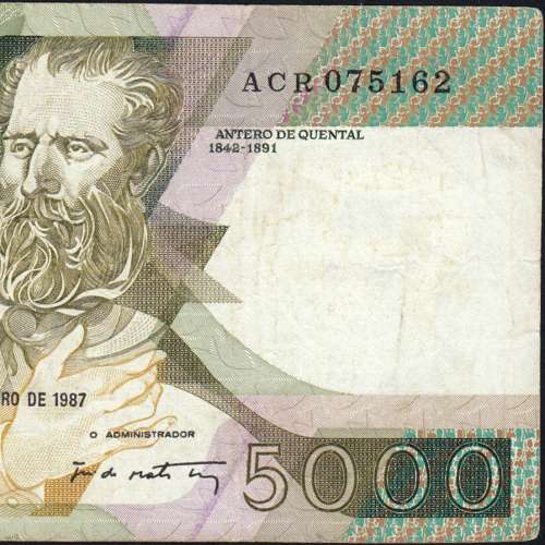 5000 Escudos 1987 Antero de Quental, 12 February 1987 Plate 2, Bank of Portugal, World Paper Money Pick 183 (Circulated)