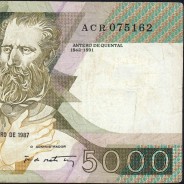 5000 Escudos 1987 Antero de Quental, 12 February 1987 Plate 2, Bank of Portugal, World Paper Money Pick 183 (Circulated)