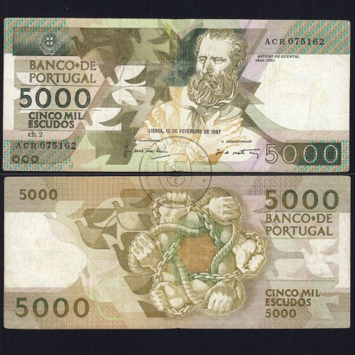 5000 Escudos 1987 Antero de Quental, 12 February 1987 Plate 2, Bank of Portugal, World Paper Money Pick 183 (Circulated)