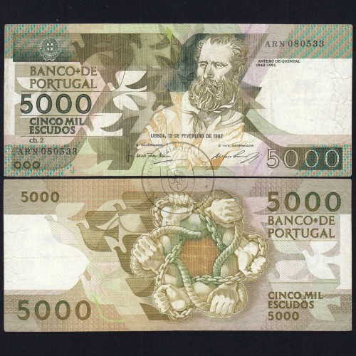5000 Escudos 1987 Antero de Quental, 12 February 1987 Plate 2, Bank of Portugal, World Paper Money Pick 183 (Circulated)