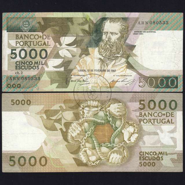 5000 Escudos 1987 Antero de Quental, 12 Fevereiro 1987 Chapa 2, Banco de Portugal, World Paper Money Pick 183 (Circulada)