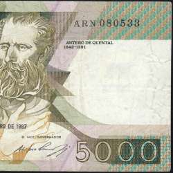 5000 Escudos 1987 Antero de Quental, 12 Fevereiro 1987 Chapa 2, Banco de Portugal, World Paper Money Pick 183 (Circulada)