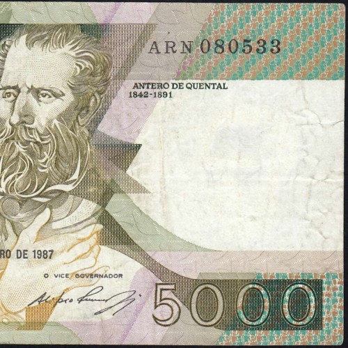5000 Escudos 1987 Antero de Quental, 12 February 1987 Plate 2, Bank of Portugal, World Paper Money Pick 183 (Circulated)