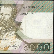 5000 Escudos 1987 Antero de Quental, 12 February 1987 Plate 2, Bank of Portugal, World Paper Money Pick 183 (Circulated)