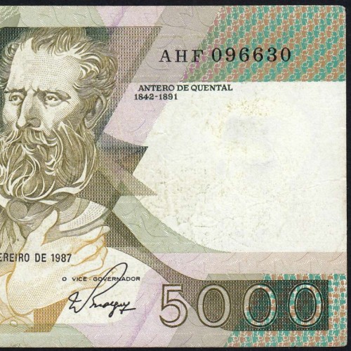 5000 Escudos 1987 Antero de Quental, 12 Fevereiro 1987 Chapa 2, Banco de Portugal, World Paper Money Pick 183 (Circulada)