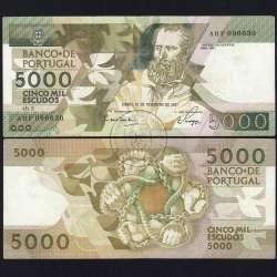 5000 Escudos 1987 Antero de Quental, 12 Fevereiro 1987 Chapa 2, Banco de Portugal, World Paper Money Pick 183 (Circulada)