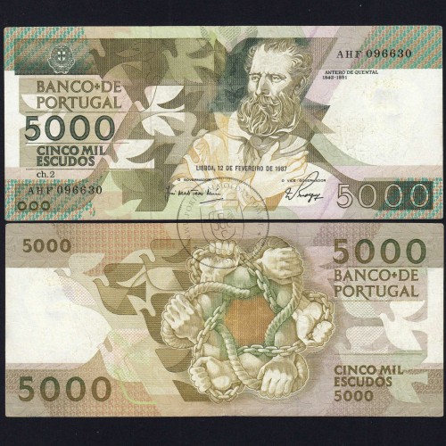 5000 Escudos 1987 Antero de Quental, 12 February 1987 Plate 2, Bank of Portugal, World Paper Money Pick 183 (Circulated)