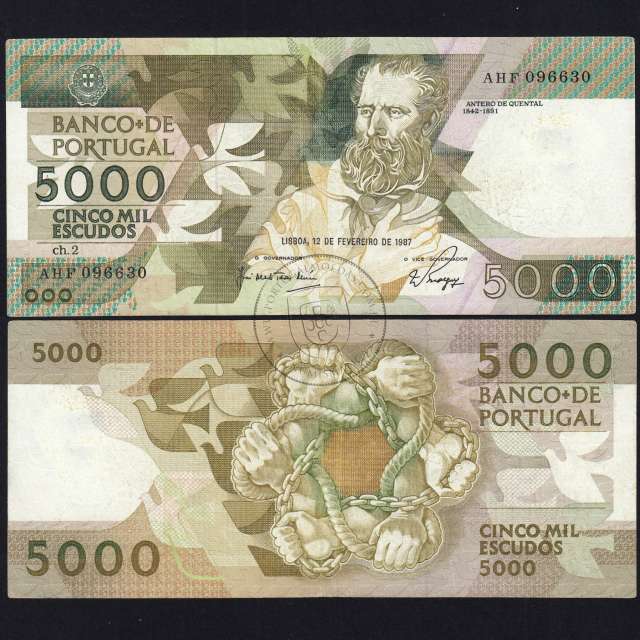 5000 Escudos 1987 Antero de Quental, 12 February 1987 Plate 2, Bank of Portugal, World Paper Money Pick 183 (Circulated)
