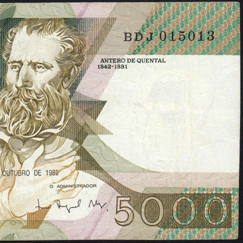 5000 Escudos 1989 Antero de Quental, 19 October 1989 Plate 2A, Bank of Portugal, World Paper Money Pick 184 (Circulated)