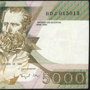 5000 Escudos 1989 Antero de Quental, 19 October 1989 Plate 2A, Bank of Portugal, World Paper Money Pick 184 (Circulated)
